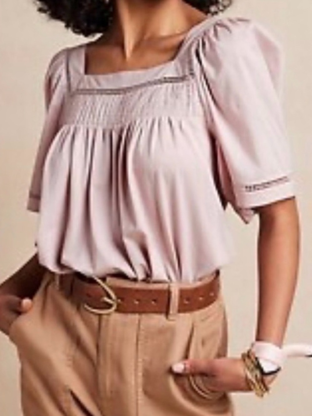 Banana Republic Women's Pink Boho Cottagecore Blouse L Square Neck Puff Sleeve